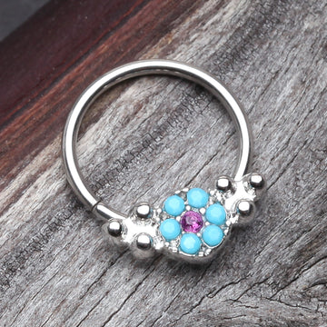 Detail View 1 of Vintage Boho Turquoise Floral Sparkle Twist Hoop Ring-Turquoise/Fuchsia